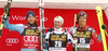 Winner Max Franz of Austria (M), second placed Aksel Lund Svindal of Norway (L) and third placed Steven Nyman of USA (R) celebrate their medals won in the men downhill race of the Audi FIS Alpine skiing World cup in Val Gardena, Italy. Men downhill race of the Audi FIS Alpine skiing World cup, was held on Saslong course in Val Gardena, Italy, on Saturday, 17th of December 2016.
