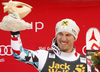 Winner Max Franz of Austria celebrates his medal won in the men downhill race of the Audi FIS Alpine skiing World cup in Val Gardena, Italy. Men downhill race of the Audi FIS Alpine skiing World cup, was held on Saslong course in Val Gardena, Italy, on Saturday, 17th of December 2016.
