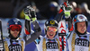 Winner Marcel Hirscher of Austria (M), second placed Mathieu Faivre of France (L) and third placed Florian Eisath of Italy (R) celebrate their success in the finish of the second run of the men giant slalom race of the Audi FIS Alpine skiing World cup in Alta Badia, Italy. Men giant slalom race of the Audi FIS Alpine skiing World cup, was held on Gran Risa course in Alta Badia, Italy, on Sunday, 18th of December 2016.
