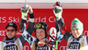 Winner Marcel Hirscher of Austria (M), second placed Mathieu Faivre of France (L) and third placed Florian Eisath of Italy (R) celebrate their medals won in the men giant slalom race of the Audi FIS Alpine skiing World cup in Alta Badia, Italy. Men giant slalom race of the Audi FIS Alpine skiing World cup, was held on Gran Risa course in Alta Badia, Italy, on Sunday, 18th of December 2016.
