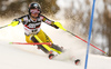 Erin Mielzynski of Canada skiing in the first run of the women slalom race of the Audi FIS Alpine skiing World cup in Zagreb, Croatia. Women Snow Queen trophy slalom race of the Audi FIS Alpine skiing World cup, was held on Sljeme above Zagreb, Croatia, on Tuesday, 3rd of January 2017.
