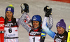 Winner Veronika Velez Zuzulova of Slovakia (M), second placed Petra Vlhova of Slovakia (L) and third placed Sarka Strachova of Czech (R) celebrate their medals won in the women slalom race of the Audi FIS Alpine skiing World cup in Zagreb, Croatia. Women Snow Queen trophy slalom race of the Audi FIS Alpine skiing World cup, was held on Sljeme above Zagreb, Croatia, on Tuesday, 3rd of January 2017.
