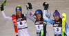 Winner Veronika Velez Zuzulova of Slovakia (M), second placed Petra Vlhova of Slovakia (L) and third placed Sarka Strachova of Czech (R) celebrate their medals won in the women slalom race of the Audi FIS Alpine skiing World cup in Zagreb, Croatia. Women Snow Queen trophy slalom race of the Audi FIS Alpine skiing World cup, was held on Sljeme above Zagreb, Croatia, on Tuesday, 3rd of January 2017.
