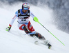 Luca Aerni of Switzerland skiing in the first run of the men slalom race of the Audi FIS Alpine skiing World cup in Zagreb, Croatia. Men Snow Queen trophy slalom race of the Audi FIS Alpine skiing World cup, was held on Sljeme above Zagreb, Croatia, on Thursday, 5th of January 2017.
