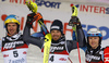 Winner Manfred Moelgg of Italy (M). second placed Felix Neureuther of Germany (L) and third placed Henrik Kristoffersen of Norway (R) celebrate their medals won in the men slalom race of the Audi FIS Alpine skiing World cup in Zagreb, Croatia. Men Snow Queen trophy slalom race of the Audi FIS Alpine skiing World cup, was held on Sljeme above Zagreb, Croatia, on Thursday, 5th of January 2017.
