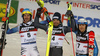 Winner Manfred Moelgg of Italy (M). second placed Felix Neureuther of Germany (L) and third placed Henrik Kristoffersen of Norway (R) celebrate their medals won in the men slalom race of the Audi FIS Alpine skiing World cup in Zagreb, Croatia. Men Snow Queen trophy slalom race of the Audi FIS Alpine skiing World cup, was held on Sljeme above Zagreb, Croatia, on Thursday, 5th of January 2017.
