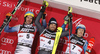 Winner Manfred Moelgg of Italy (M), second placed Felix Neureuther of Germany (L) and third placed Henrik Kristoffersen of Norway (R) celebrate their medals won in the men slalom race of the Audi FIS Alpine skiing World cup in Zagreb, Croatia. Men Snow Queen trophy slalom race of the Audi FIS Alpine skiing World cup, was held on Sljeme above Zagreb, Croatia, on Thursday, 5th of January 2017.
