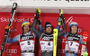 Winner Manfred Moelgg of Italy (M), second placed Felix Neureuther of Germany (L) and third placed Henrik Kristoffersen of Norway (R) celebrate their medals won in the men slalom race of the Audi FIS Alpine skiing World cup in Zagreb, Croatia. Men Snow Queen trophy slalom race of the Audi FIS Alpine skiing World cup, was held on Sljeme above Zagreb, Croatia, on Thursday, 5th of January 2017.
