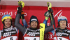 Winner Manfred Moelgg of Italy (M), second placed Felix Neureuther of Germany (L) and third placed Henrik Kristoffersen of Norway (R) celebrate their medals won in the men slalom race of the Audi FIS Alpine skiing World cup in Zagreb, Croatia. Men Snow Queen trophy slalom race of the Audi FIS Alpine skiing World cup, was held on Sljeme above Zagreb, Croatia, on Thursday, 5th of January 2017.
