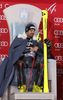 Winner Manfred Moelgg of Italy celebrates his victory in the men slalom race of the Audi FIS Alpine skiing World cup in Zagreb, Croatia. Men Snow Queen trophy slalom race of the Audi FIS Alpine skiing World cup, was held on Sljeme above Zagreb, Croatia, on Thursday, 5th of January 2017.
