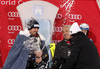 Winner Manfred Moelgg of Italy celebrates his victory in the men slalom race of the Audi FIS Alpine skiing World cup in Zagreb, Croatia. Men Snow Queen trophy slalom race of the Audi FIS Alpine skiing World cup, was held on Sljeme above Zagreb, Croatia, on Thursday, 5th of January 2017.
