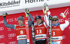 Winner Matthias Mayer of Austria (M), second placed Christof Innerhofer of Italy (L) and third placed Beat Feuz of Switzerland (R) celebrate their medals won in the men super-g race of the Audi FIS Alpine skiing World cup in Kitzbuehel, Austria. Men super-g race of the Audi FIS Alpine skiing World cup, was held on Hahnekamm course in Kitzbuehel, Austria, on Friday, 20th of January 2017.
