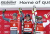Winner Matthias Mayer of Austria (M), second placed Christof Innerhofer of Italy (L) and third placed Beat Feuz of Switzerland (R) celebrate their medals won in the men super-g race of the Audi FIS Alpine skiing World cup in Kitzbuehel, Austria. Men super-g race of the Audi FIS Alpine skiing World cup, was held on Hahnekamm course in Kitzbuehel, Austria, on Friday, 20th of January 2017.
