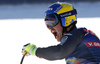 Second placed Valentin Giraud Moine of France reacts in finish of the men downhill race of the Audi FIS Alpine skiing World cup in Kitzbuehel, Austria. Men downhill race of the Audi FIS Alpine skiing World cup, was held on Hahnekamm course in Kitzbuehel, Austria, on Saturday, 21st of January 2017.
