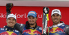 Winner Dominik Paris of Italy (M), second placed Valentin Giraud Moine of France (L) and third placed Johan Clarey of France (R) celebrate their medals won in the men downhill race of the Audi FIS Alpine skiing World cup in Kitzbuehel, Austria. Men downhill race of the Audi FIS Alpine skiing World cup, was held on Hahnekamm course in Kitzbuehel, Austria, on Saturday, 21st of January 2017.
