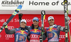 Winner Dominik Paris of Italy (M), second placed Valentin Giraud Moine of France (L) and third placed Johan Clarey of France (R) celebrate their medals won in the men downhill race of the Audi FIS Alpine skiing World cup in Kitzbuehel, Austria. Men downhill race of the Audi FIS Alpine skiing World cup, was held on Hahnekamm course in Kitzbuehel, Austria, on Saturday, 21st of January 2017.
