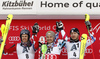 Winner Marcel Hirscher of Austria (M), second placed Dave Ryding of Great Britain (L) and third placed Alexander Khoroshilov of Russia (R) celebrate their medals won in the men slalom race of the Audi FIS Alpine skiing World cup in Kitzbuehel, Austria. Men slalom race race of the Audi FIS Alpine skiing World cup, was held on Ganslernhang course in Kitzbuehel, Austria, on Sunday, 22nd of January 2017.
