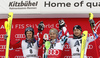 Winner Marcel Hirscher of Austria (M), second placed Dave Ryding of Great Britain (L) and third placed Alexander Khoroshilov of Russia (R) celebrate their medals won in the men slalom race of the Audi FIS Alpine skiing World cup in Kitzbuehel, Austria. Men slalom race race of the Audi FIS Alpine skiing World cup, was held on Ganslernhang course in Kitzbuehel, Austria, on Sunday, 22nd of January 2017.
