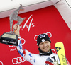 Third placed Dave Ryding of Great Britain celebrates his trophy won in the men slalom race of the Audi FIS Alpine skiing World cup in Kitzbuehel, Austria. Men slalom race race of the Audi FIS Alpine skiing World cup, was held on Ganslernhang course in Kitzbuehel, Austria, on Sunday, 22nd of January 2017.
