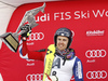 Second placed Dave Ryding of Great Britain celebrates his trophy won in the men slalom race of the Audi FIS Alpine skiing World cup in Kitzbuehel, Austria. Men slalom race race of the Audi FIS Alpine skiing World cup, was held on Ganslernhang course in Kitzbuehel, Austria, on Sunday, 22nd of January 2017.
