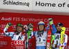 Marcel Hirscher of Austria (L), Henrik Kristoffersen of Norway (M) and Alexander Khoroshilov of Russia (R) celebrate their medals won in the men slalom race of the Audi FIS Alpine skiing World cup in Schladming, Austria. Traditional The Night Race, men slalom race race of the Audi FIS Alpine skiing World cup, was held in Schladming, Austria, on Tuesday, 24th of January 2017.
