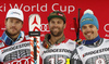 Winner Travis Ganong of USA (M), second placed Kjetil Jansrud of Norway (L) and third placed Peter Fill of Italy (R) celebrate their medals won in the men downhill race of the Audi FIS Alpine skiing World cup in Garmisch-Partenkirchen, Germany. Replacement downhill race for canceled Wengen race of the Audi FIS Alpine skiing World cup, was held in Garmisch-Partenkirchen, Germany, on Friday, 27th of January 2017.
