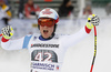 Niels Hintermann of Switzerland reacts in finish of the men downhill race of the Audi FIS Alpine skiing World cup in Garmisch-Partenkirchen, Germany. Replacement downhill race for canceled Wengen race of the Audi FIS Alpine skiing World cup, was held in Garmisch-Partenkirchen, Germany, on Friday, 27th of January 2017.
