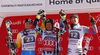 Winner Marcel Hirscher of Austria (M), second placed Matts Olsson of Sweden (L) and third placed Stefan Luitz of Germany (R) celebrate their medals won in the men giant slalom race of the Audi FIS Alpine skiing World cup in Garmisch-Partenkirchen, Germany. Men giant slalom race of the Audi FIS Alpine skiing World cup, was held in Garmisch-Partenkirchen, Germany, on Sunday, 29th of January 2017.
