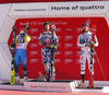 Winner Marcel Hirscher of Austria (M), second placed Matts Olsson of Sweden (L) and third placed  Stefan Luitz of Germany (R) celebrate their medals won in the men giant slalom race of the Audi FIS Alpine skiing World cup in Garmisch-Partenkirchen, Germany. Men giant slalom race of the Audi FIS Alpine skiing World cup, was held in Garmisch-Partenkirchen, Germany, on Sunday, 29th of January 2017.
