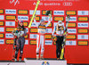 Silver Medal winner Tina Weirather of Liechtenstein World Champion Nicole Schmidhofer of Austria bronze medal winner Lara Gut of Switzerland during the Flowers ceremony for the women SuperG of FIS Ski Alpine World Cup. St. Moritz, Switzerland on 2017/02/07
