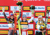 Silver Medal winner Tina Weirather of Liechtenstein World Champion Nicole Schmidhofer of Austria bronze medal winner Lara Gut of Switzerland during the Flowers ceremony for the women SuperG of FIS Ski Alpine World Cup. St. Moritz, Switzerland on 2017/02/07
