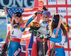Giant Slalom Silver medalist Mikaela Shiffrin of the USA ladie’s Giant Slalom world Champion and Gold medalist Tessa Worley of France ladie’s Giant Slalom Bronze medalist Sofia Goggia of Italy during the Flowers ceremony for the women Giant Slalom of the FIS Ski World Championships 2017. St. Moritz, Switzerland on 2017/02/16.
