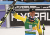 Third placed Matts Olsson of Sweden celebrates in the finish of the men giant slalom race of the Audi FIS Alpine skiing World cup in Kranjska Gora, Slovenia. Men giant slalom race of the Audi FIS Alpine skiing World cup, was held in Kranjska Gora, Slovenia, on Saturday, 4th of March 2017.
