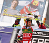 Winner Marcel Hirscher of Austria celebrates his medal won in the men giant slalom race of the Audi FIS Alpine skiing World cup in Kranjska Gora, Slovenia. Men giant slalom race of the Audi FIS Alpine skiing World cup, was held in Kranjska Gora, Slovenia, on Saturday, 4th of March 2017.
