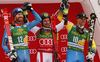 Winner Marcel Hirscher of Austria (M), second placed Leif Kristian Haugen of Norway (L) and third placed Matts Olsson of Sweden (R) celebrate their medals won in the men giant slalom race of the Audi FIS Alpine skiing World cup in Kranjska Gora, Slovenia. Men giant slalom race of the Audi FIS Alpine skiing World cup, was held in Kranjska Gora, Slovenia, on Saturday, 4th of March 2017.
