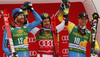 Winner Marcel Hirscher of Austria (M), second placed Leif Kristian Haugen of Norway (L) and third placed Matts Olsson of Sweden (R) celebrate their medals won in the men giant slalom race of the Audi FIS Alpine skiing World cup in Kranjska Gora, Slovenia. Men giant slalom race of the Audi FIS Alpine skiing World cup, was held in Kranjska Gora, Slovenia, on Saturday, 4th of March 2017.
