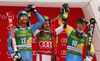 Winner Marcel Hirscher of Austria (M), second placed Leif Kristian Haugen of Norway (L) and third placed Matts Olsson of Sweden (R) celebrate their medals won in the men giant slalom race of the Audi FIS Alpine skiing World cup in Kranjska Gora, Slovenia. Men giant slalom race of the Audi FIS Alpine skiing World cup, was held in Kranjska Gora, Slovenia, on Saturday, 4th of March 2017.
