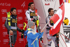 Winner Michael Matt of Austria (M), second placed Stefano Gross of Italy  (L) and third placed Felix Neureuther of Germany (R) celebrate their medals won in the men slalom race of the Audi FIS Alpine skiing World cup in Kranjska Gora, Slovenia. Men slalom race of the Audi FIS Alpine skiing World cup, was held in Kranjska Gora, Slovenia, on Sunday, 5th of March 2017.

