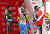 Winner Michael Matt of Austria (M), second placed Stefano Gross of Italy  (L) and third placed Felix Neureuther of Germany (R) celebrate their medals won in the men slalom race of the Audi FIS Alpine skiing World cup in Kranjska Gora, Slovenia. Men slalom race of the Audi FIS Alpine skiing World cup, was held in Kranjska Gora, Slovenia, on Sunday, 5th of March 2017.
