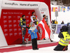 Winner Michael Matt of Austria (M), second placed Stefano Gross of Italy  (L) and third placed Felix Neureuther of Germany (R) celebrate their medals won in the men slalom race of the Audi FIS Alpine skiing World cup in Kranjska Gora, Slovenia. Men slalom race of the Audi FIS Alpine skiing World cup, was held in Kranjska Gora, Slovenia, on Sunday, 5th of March 2017.
