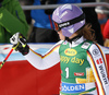 Winner Viktoria Rebensburg of Germany reacts in finish of the second run of the women giant slalom opening race of the Audi FIS Alpine skiing World cup in Soelden, Austria. Opening women giant slalom race of the Audi FIS Alpine skiing World cup, was held on Rettenbach glacier above Soelden, Austria, on Saturday, 28th of October 2017.
