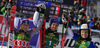 Winner Viktoria Rebensburg of Germany (M), second placed Tessa Worley of France (L) and third placed Manuela Moelgg of Italy (R) celebrate their medals won in the women giant slalom opening race of the Audi FIS Alpine skiing World cup in Soelden, Austria. Opening women giant slalom race of the Audi FIS Alpine skiing World cup, was held on Rettenbach glacier above Soelden, Austria, on Saturday, 28th of October 2017.
