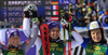 Winner Viktoria Rebensburg of Germany (M), second placed Tessa Worley of France (L) and third placed Manuela Moelgg of Italy (R) celebrate their medals won in the women giant slalom opening race of the Audi FIS Alpine skiing World cup in Soelden, Austria. Opening women giant slalom race of the Audi FIS Alpine skiing World cup, was held on Rettenbach glacier above Soelden, Austria, on Saturday, 28th of October 2017.
