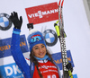 Third placed Dorothea Wierer of Italy celebrate her medal won in the women 7.5km sprint race of IBU Biathlon World Cup in Hochfilzen, Austria.  Women 7.5km sprint race of IBU Biathlon World cup was held in Hochfilzen, Austria, on Friday, 8th of December 2017.
