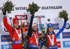  celebrate their medals won in the women 7.5km sprint race of IBU Biathlon World Cup in Hochfilzen, Austria.  Women 7.5km sprint race of IBU Biathlon World cup was held in Hochfilzen, Austria, on Friday, 8th of December 2017.
