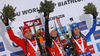 celebrate their medals won in the women 7.5km sprint race of IBU Biathlon World Cup in Hochfilzen, Austria.  Women 7.5km sprint race of IBU Biathlon World cup was held in Hochfilzen, Austria, on Friday, 8th of December 2017.
