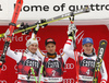 Winner Josef Ferstl of Germany (M), second placed Max Franz of Austria (L) and third placed Matthias Mayer of Austria (R) celebrate their medals won in the men super-g race of the Audi FIS Alpine skiing World cup in Val Gardena, Italy. Men super-g race of the Audi FIS Alpine skiing World cup, was held on Saslong course in Val Gardena Groeden, Italy, on Friday, 15th of December 2017.
