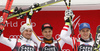 Winner Josef Ferstl of Germany (M), second placed Max Franz of Austria (L) and third placed Matthias Mayer of Austria (R) celebrate their medals won in the men super-g race of the Audi FIS Alpine skiing World cup in Val Gardena, Italy. Men super-g race of the Audi FIS Alpine skiing World cup, was held on Saslong course in Val Gardena Groeden, Italy, on Friday, 15th of December 2017.
