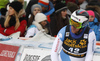 Marc Gisin of Switzerland reacts in finish of the men downhill race of the Audi FIS Alpine skiing World cup in Val Gardena, Italy. Men downhill race of the Audi FIS Alpine skiing World cup, was held on Saslong course in Val Gardena Groeden, Italy, on Saturday, 16th of December 2017.
