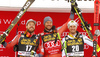 Winner Aksel Lund Svindal of Norway (M), second placed Kjetil Jansrud of Norway (L) and third placed Max Franz of Austria (R) celebrate their medals won in the men downhill race of the Audi FIS Alpine skiing World cup in Val Gardena, Italy. Men downhill race of the Audi FIS Alpine skiing World cup, was held on Saslong course in Val Gardena Groeden, Italy, on Saturday, 16th of December 2017.
